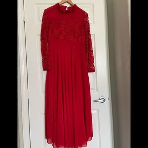 🌺Red Vintage Floral Lace Ruched Neck Maxi Dress